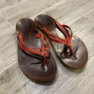 Olukai red leather flip flops